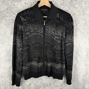 ST. JOHN Sparkling Full Zip Collared Sweater Black Size Medium Wool Blend‎